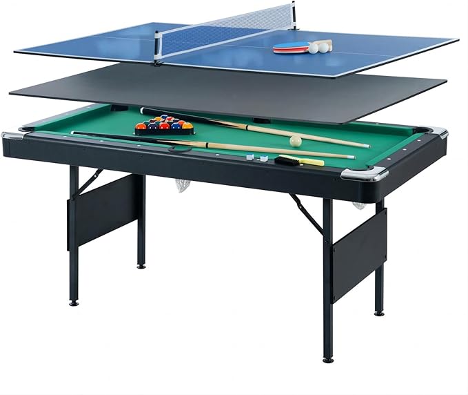 3 in 1 Pool Ping Pong Dining Combo, 65.75in Foldable Billiard/Table Tennis, Multi Game for Adults Kids, With Billiard and Tennis Paddles Accessories