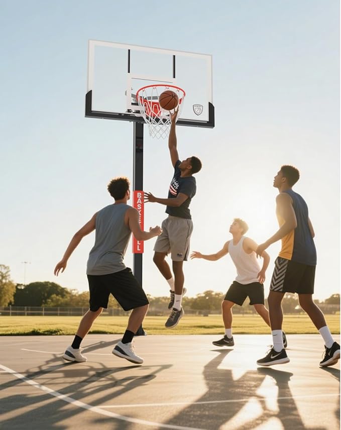 IGL In Ground Basketball Hoops, 54 Inch Tempered Glass Backboard Basketball Hoop Outdoor, 7.5-10 FT Height Adjustable Basketball Hoops & Goals System, Reinforced and Thickened Square Tube Iron Steel