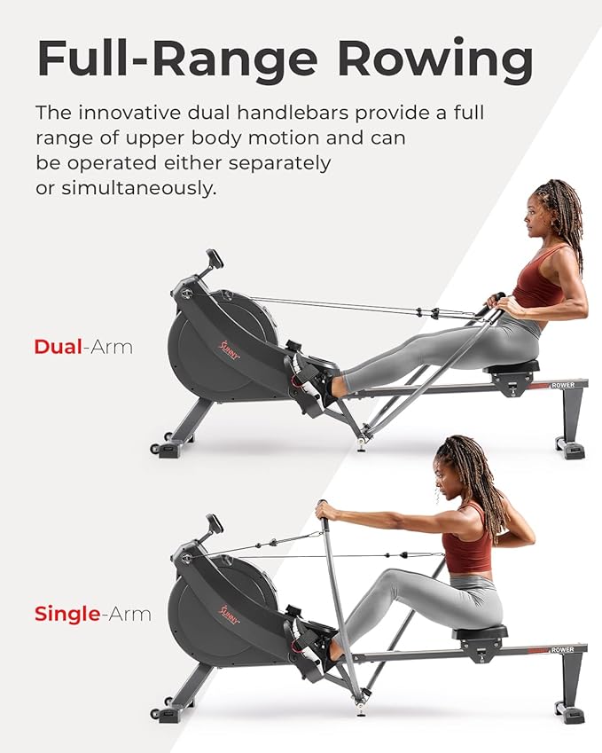 Sunny Health & Fitness Compact Full-Motion Rowing Machine w/Adjustable Resistance, Low-Impact Full-Body Workout Rower w/Long Slide Rail, Space-Saving Design, Optional Free SunnyFit App Connection
