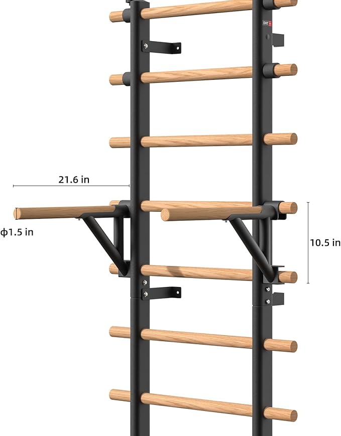 DHT Wood Stall Bar, Swedish Ladder Suspension Trainer with 9 Strategic Rods, for Home, Gym, School and Clinics, Black