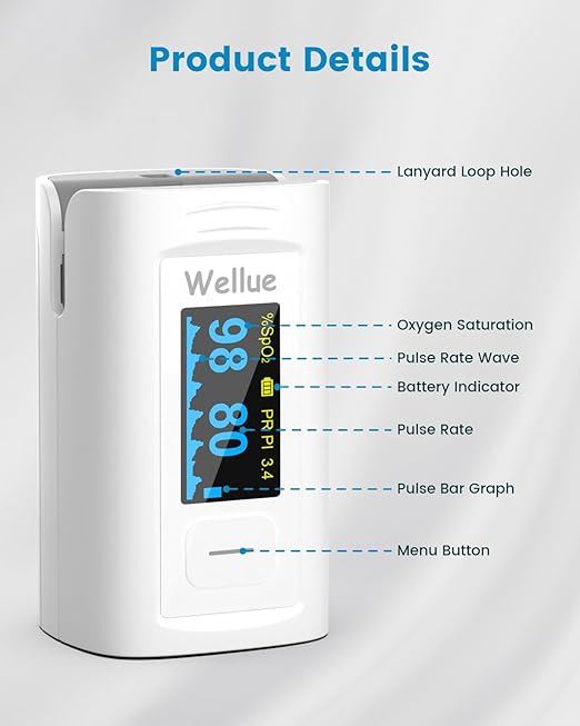 Wellue Pulse Oximeter Fingertip, Blood Oxygen Saturation Monitor with Built-in Memory, Beep reminder, OLED screen, Batteries and Lanyard