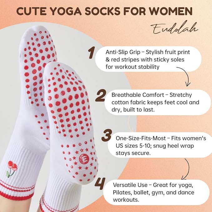 EUDOLAH Cute Yoga Socks for Women Pilates Barre Breathable Non-Slip Crew Grip Sock With Stripes Anti-friction Athletic Socks