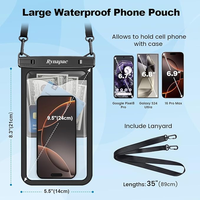 2 Pack Waterproof Phone Pouch - 10in Waterproof Phone Case with Lanyard, IPX8 Cellphone Dry Bag Beach Essentials for iPhone 16 15 14 Pro Max, Galaxy S25 S24 S23 Ultra, Cruise Ship Essentials