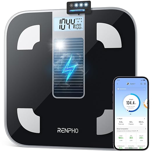 RENPHO Smart Scale with Endless Power, Solar-Powered Scale for Body Weight, No Batteries Needed, Digital Bluetooth Body Fat Scale, Body Composition Monitor with Smart App, 400 lbs-Elis Solar 1
