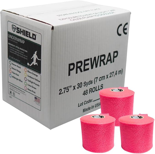 Shield Athletic Underwrap | Bulk Case of 48 Rolls of PreWrap, Hair Tie, Headband, Patellar Support, Pre-Wrap Athletic Tape, 2.75" X 30 SYards, Foam Barrier, Flexible, Breathable (Pink)