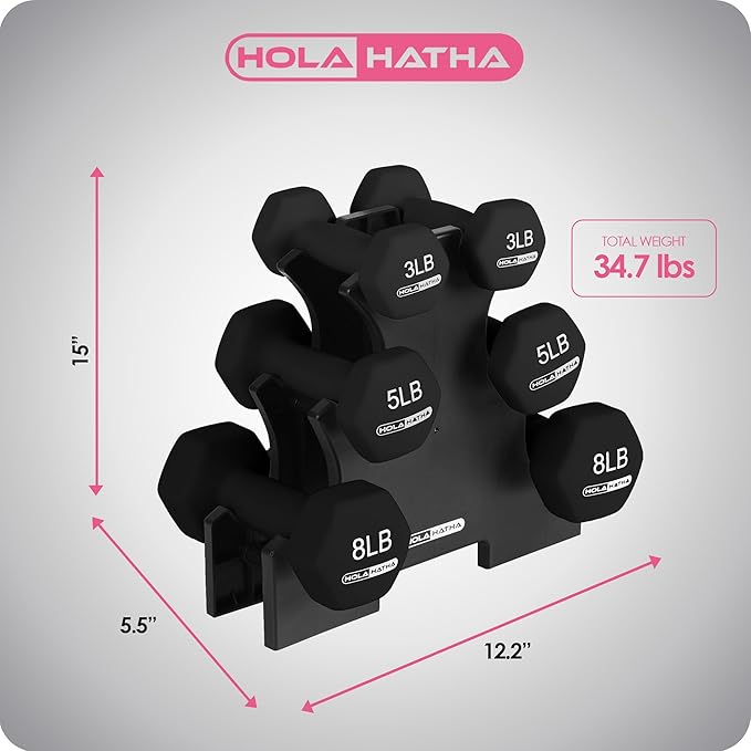 HolaHatha 2, 3, 5, 8, and 10 Pound Neoprene Dumbbell Free Hand Weight Set with Rack, Ideal for Home Exercises to Gain Tone and Definition, Pastel