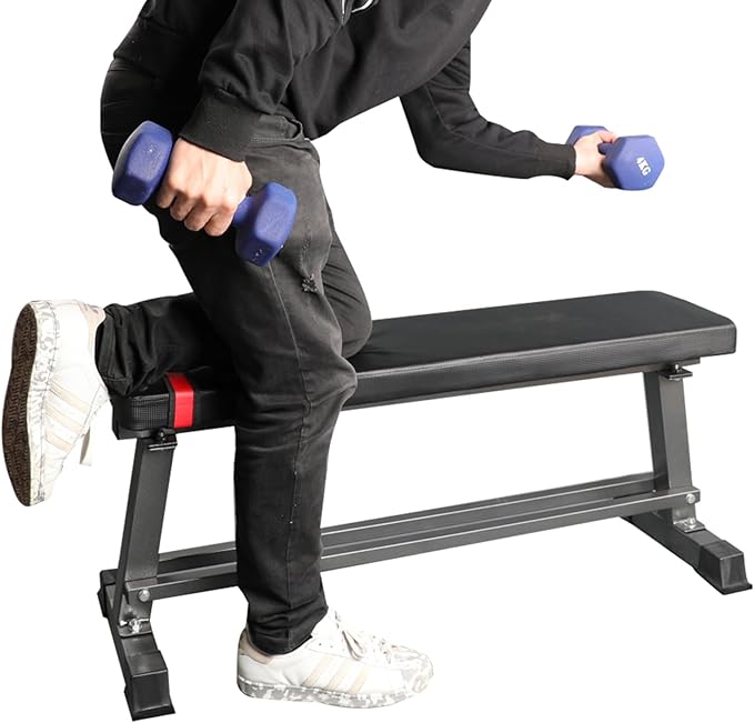 Fitness Maniac Flat Weight Bench with Built-in Dumbbell Rack Workout Bench Strength Training Bench Press for Home Gym Black
