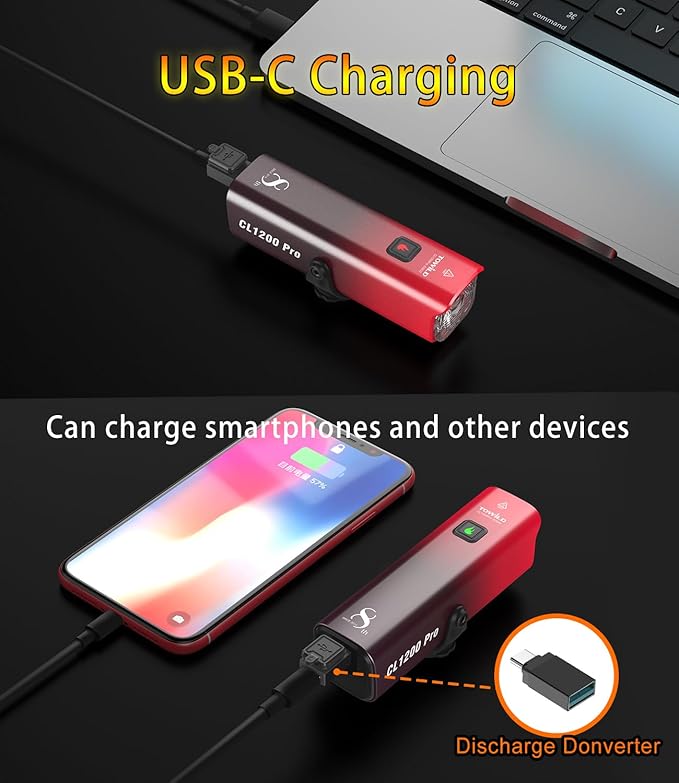 TOWILD CL1200 Bike Lights for Night Riding,Compatible with Garmin/GoPro Mount,1200 Lumen Bright Bike Headlight,Rechargeable Battery,Waterproof Bike Front Light for Commuter Cyclists