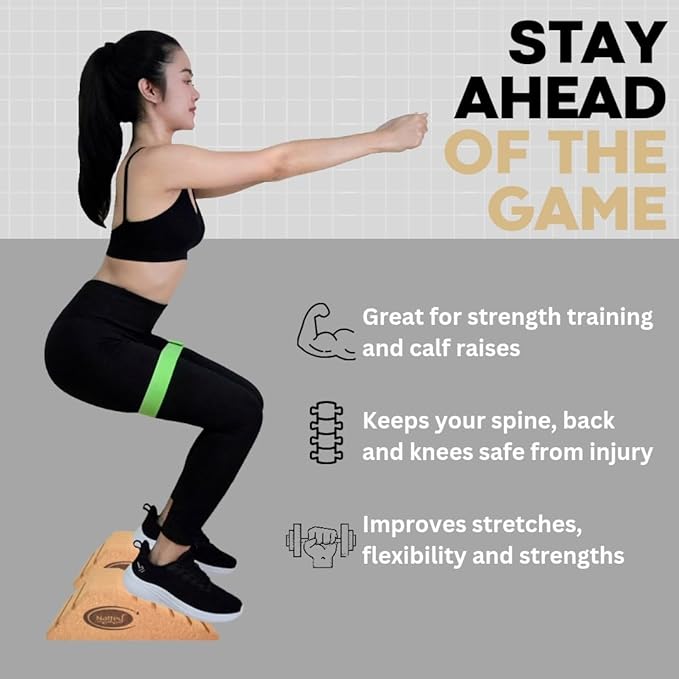 2025 NEW LARGER and Improved quality ECO-Friendly HIGHEST DENSITY Cork Squat Wedge Block Heel Calf Raise Platform NON-SLIP Slant Board Ramp Fitness Workouts Yoga Weightlifting exercise BAND 3 PIECES