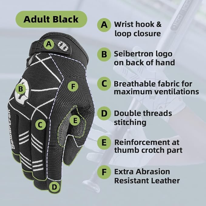 Seibertron B-A-R PRO 2.0 Signature Baseball + Softball + Teeball Batting Gloves Super Grip Finger Multiple 11 Sizes + 5 Colors Available Fit Adult Youth Kids Boys Girls Mens Women