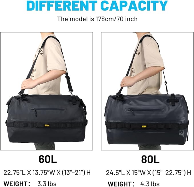 MIER Large Waterproof Duffel Bag Rolltop Dry Backpack Duffle Bags for Kayaking, Rafting, Boating, Swimming, Camping, Travel, Gym, Beach, 60L/80L