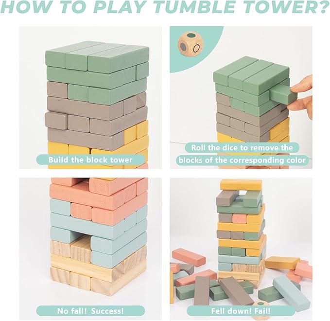 Wooden Blocks Stacking Games, 48PCS Tumbling Stacking Blocks Game for Kids and Families, Wood Colorful Balancing Blocks Montessori Toys for Kids