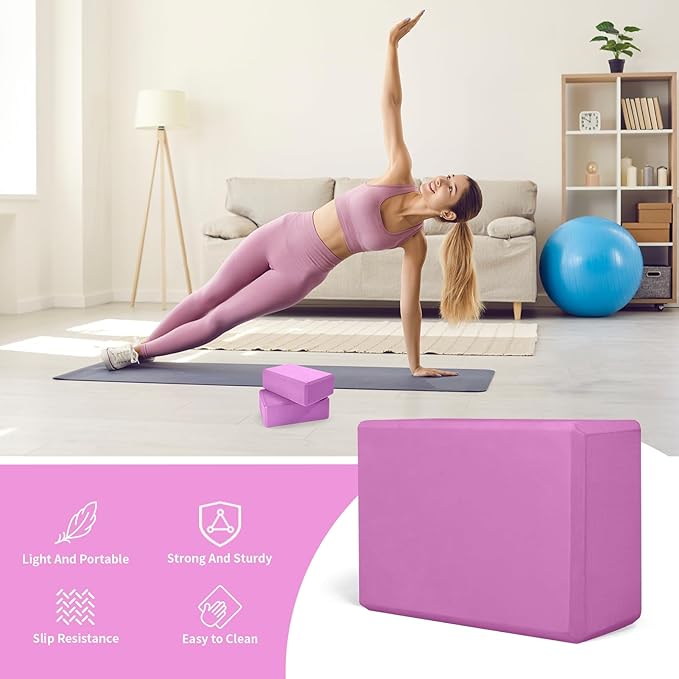 Yoga Block 2 Pack 9"x6"x3", Sturdy Yoga Foam Blocks, High Density & Non Slip Surface for Pilates & Stretching, Fitness Accessories for Stability & Balance