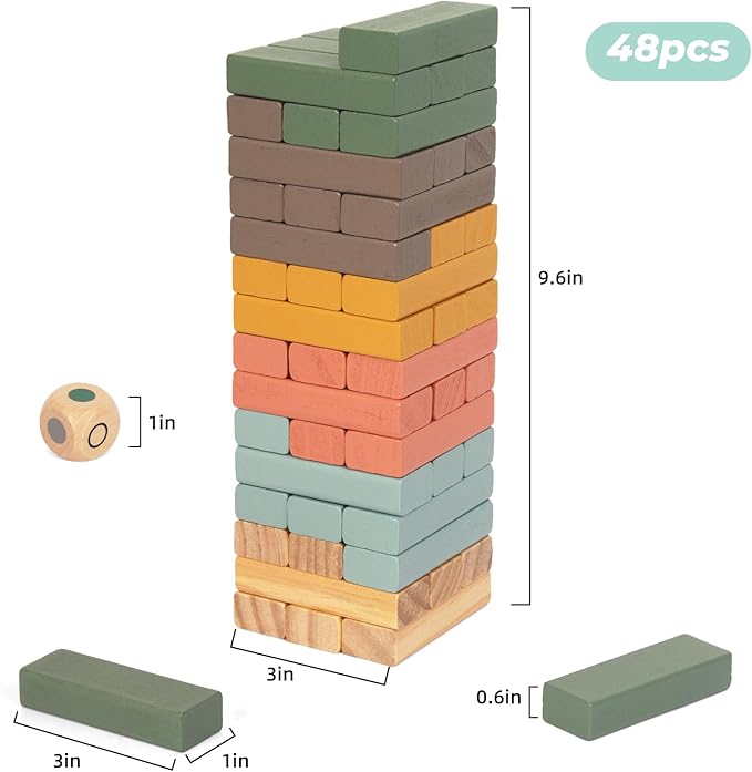 Wooden Blocks Stacking Games, 48PCS Tumbling Stacking Blocks Game for Kids and Families, Wood Colorful Balancing Blocks Montessori Toys for Kids