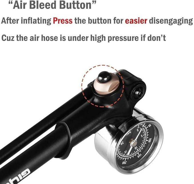 Giyo High Pressure Shock Pump, (300 PSI Max) for Fork & Rear Suspension, Lever Lock on Nozzle No Air Loss (Black)