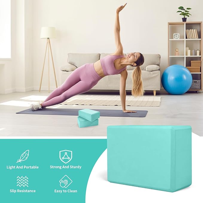 Yoga Block 2 Pack 9"x6"x3", Sturdy Yoga Foam Blocks, High Density & Non Slip Surface for Pilates & Stretching, Fitness Accessories for Stability & Balance