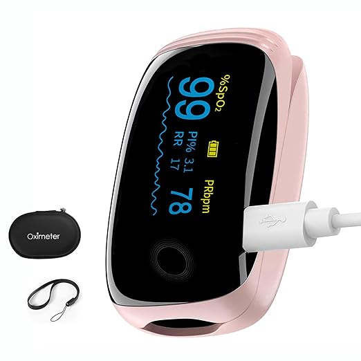 Rechargeable Pulse Oximeter Fingertip Oxygen Monitoring Fingertips with SpO2 Pulse Rate and PI RR OLED Precision Rapid Oximeter SpO2 Readings Outdoor Sports Home (Pink)