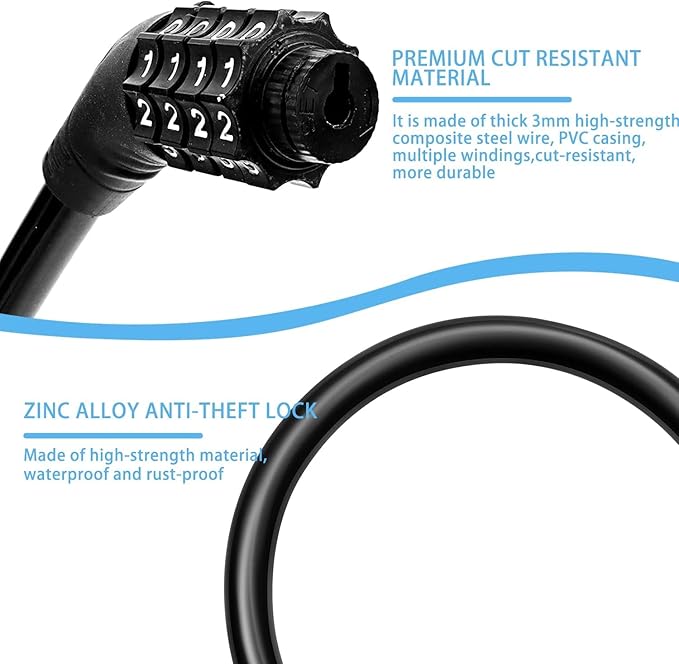 Bike Lock Portable Bike Locks Cable High Security Bicycle Lock Cycling Lock with 4-Digits Codes Ideal to Secure Bike, Motorbike, Cycles
