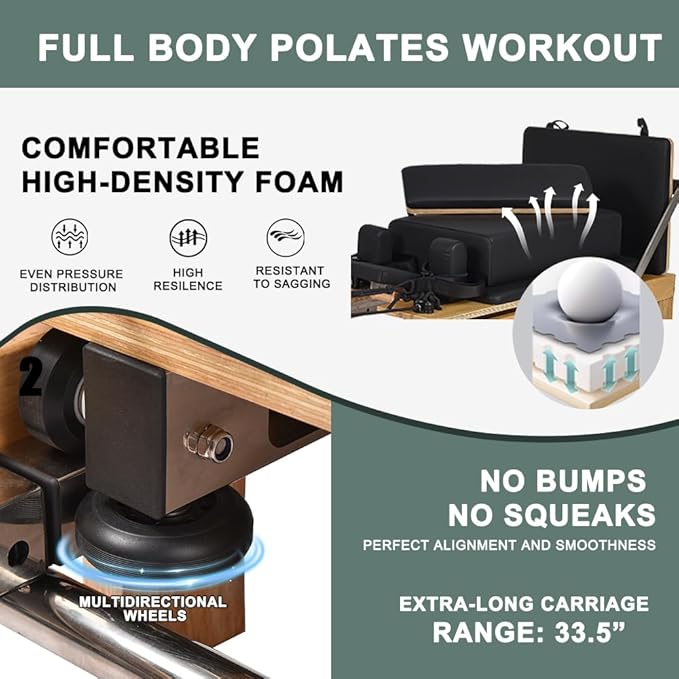 Pilates Reformer- Foldable Wood Yoga Exercise Machine Fitness Equipment with Reformer Box Jump Board Foot Strap, Durable and Quiet, Pilates Equipment up to 600 lbs Weight Capacity