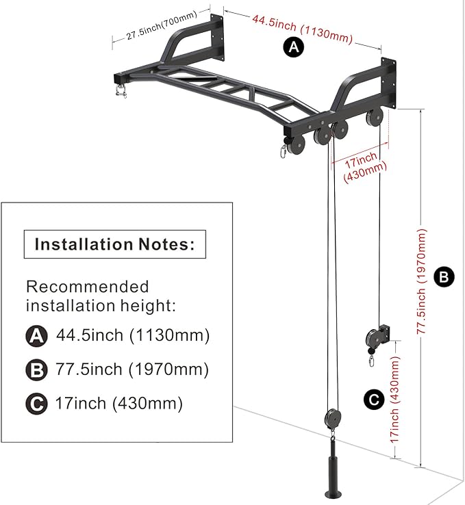SELEWARE 48'' Heavy Duty Pull Up Bar Wall Mount Multi-function Chin up Bar with Home Gym Cable Pulley System LAT Pulldown Workout Attachments Heavy Bag Hanger