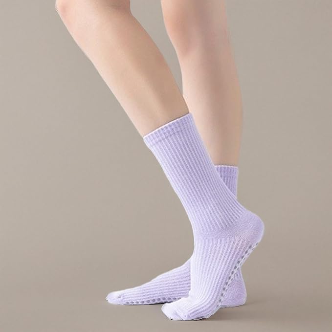 Yoga Pilates Socks with Grips for Women Non Slip Solid Colored Cushioned Crew Compression Socks for Barre Ballet Dance