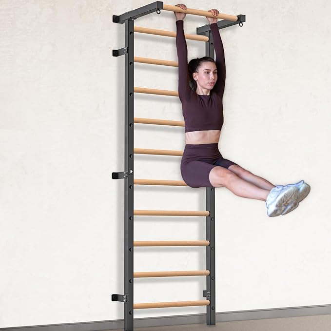 Wood Stall Bar, 2"x2" Swedish Ladder with 1" Hole, 11 Strategic Rods, Wall Mounted Suspension Trainer for Home, Gym, School and Clinic