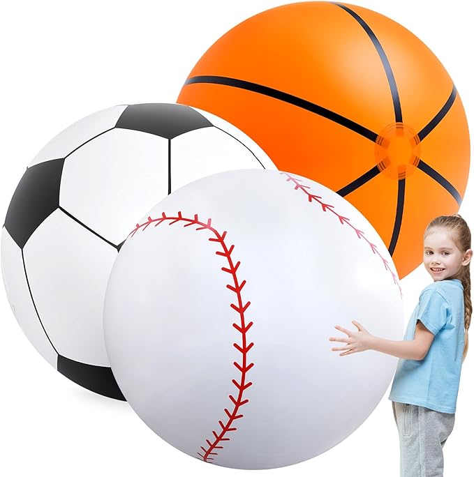 Lewtemi Giant Inflatable Sports Balls Large Inflatable Beach Ball Baseballs Soccer Rainbow Basketball Football for Sport Birthday Party Favor(3 Pcs,Soccer, Baseball, Basketball,40 Inch)