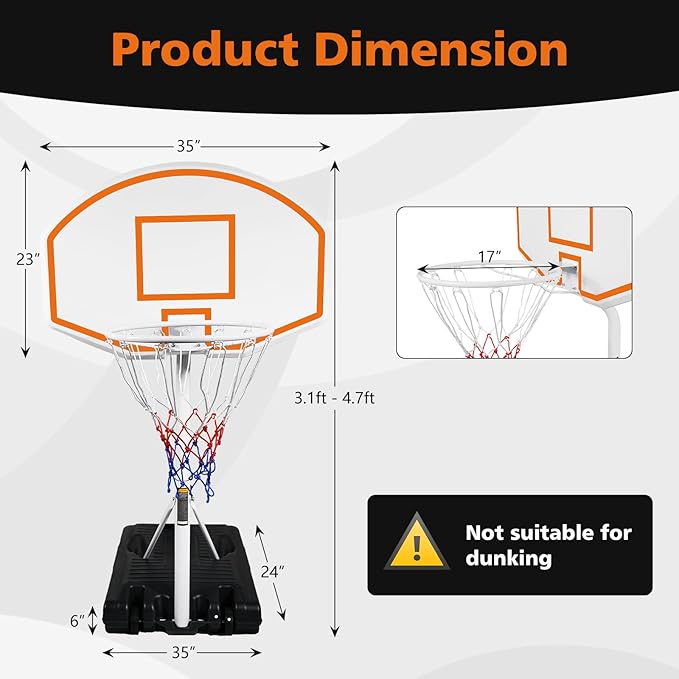 Pool Basketball Hoop, Adjustable Poolside Basketball Hoop with Wheels, Outdoor Height Adjustable Swimming Pool Basketball Goal Set, Perfect for Swimming Pool & Home Play