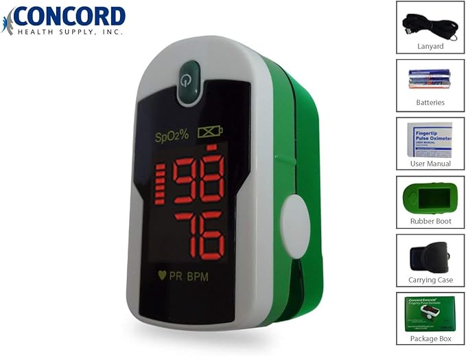 Concord Fingertip Pulse Oximeter with Reversible Display - Blood Oxygen Saturation Monitor with Carrying Case, Batteries and Lanyard - Easy to Use, Accurate SpO2 & Pulse Measurement (Emerald)