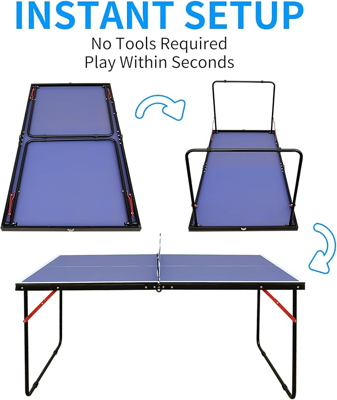 Ping Pong Table Foldable Table Tennis Table with Net, Table Tennis Paddles and Balls, 4.5FT/6FT/9FT MDF Multi-Use Family Game Table for Kid Teenager Adult, Compact & Portable