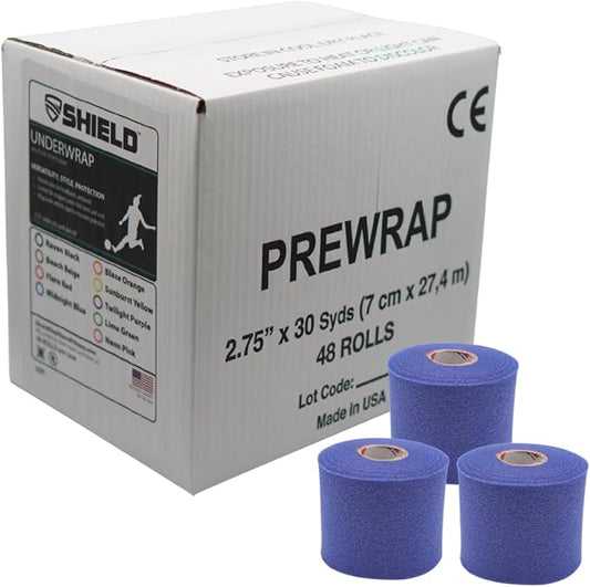 Shield Athletic Underwrap | Bulk Case of 48 Rolls of PreWrap, Hair Tie, Headband, Patellar Support, Pre-Wrap Athletic Tape, 2.75" X 30 SYards, Foam Barrier, Flexible, Breathable (Blue)
