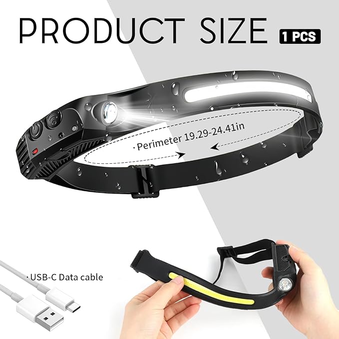 Headlamp 2PCS, 230° Wide Beam Head Lamp, Motion Sensor LED Headlamp Rechargeable, 5 Mode Headlight Flashlight for Camping Fishing Hiking Gear, Bright, and Ideal for Hard Hats and Forehead Use!