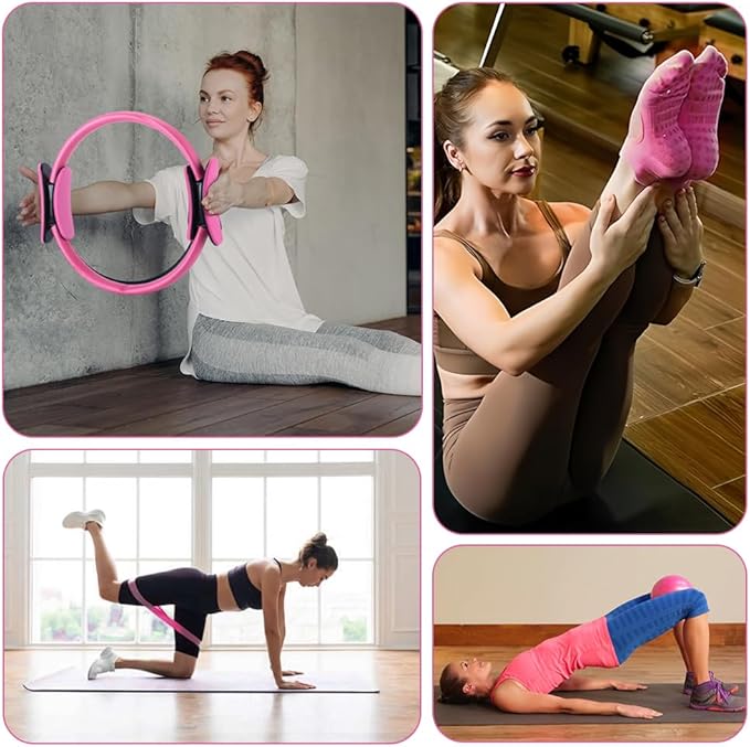 Pilates Ring and Ball Set, 6 Pcs Home Pilates Kit with 13” Circle Circle Yoga Ring 3 Resistance Bands 9.8” Pilates Ball Pilates Grip Socks, Pilates Essential Kit for Women Girl Home Workouts