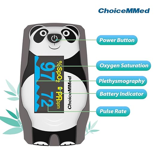 CHOICEMMED OLED Panda Pediatric Pulse Oximeter Fingertip – SP02 Pulse Oximeter for Kids – Children Blood Oxygen Saturation Monitor with Color OLED Screen - Child O2 Saturation Monitor with Batteries (Not for Infant or Newborn)