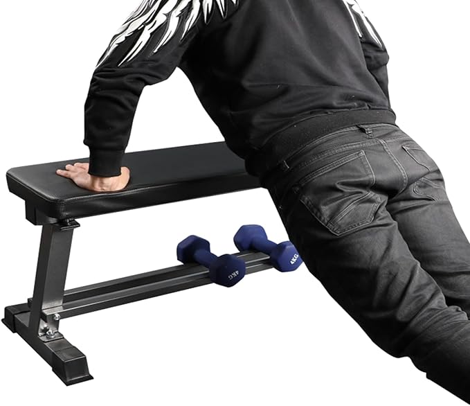 Fitness Maniac Flat Weight Bench with Built-in Dumbbell Rack Workout Bench Strength Training Bench Press for Home Gym Black