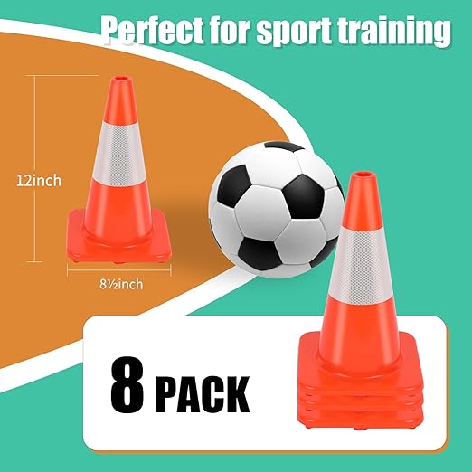 (8 Cones) BESEA 12" inch Traffic Cones Soccer Training Cones Sport Cones Road Parking Cone with 4" Highly Reflective Collar(8 Cones)