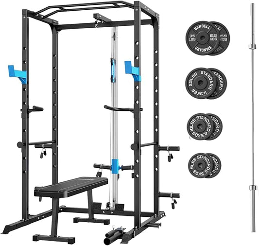 Power Cage, Multi-Functional Power Rack with J-Hooks, Dip Handles, Landmine Attachment and Optional Cable Pulley System for Home Gym