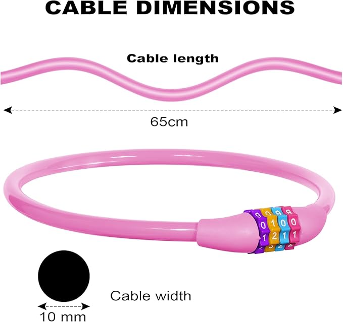 Bike Lock, 25 inch Bike Lock Cable, Portable Anti Theft 4 Digits Codes Cable Locks, Resettable Combinations Coiling Bicycle Lock for Bike, Motorbike, Scooter, Skateboard, Gate, Fence (Pink