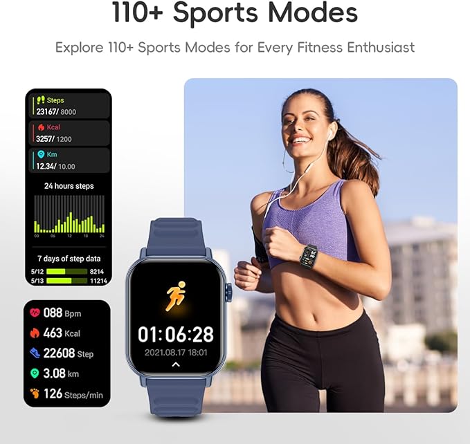 Smart Watch Sports Pedometer Fitness Tracker Bluetooth Call Heart Rate/Blood Oxygen/Sleep Monitor, 100 Sports Modes Waterproof for iOS Android Men's Women's Smart Watch (Blue)