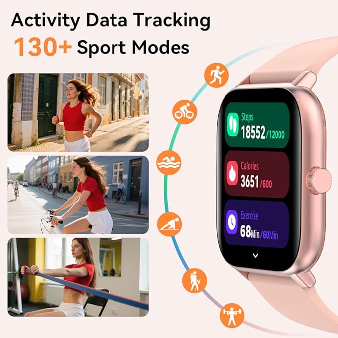 Bebinca Smart Watch for Women, 1.85" HD Fitness Tracker Compatible with iPhone & Android, 130+ Sports Modes, Heart Rate & Sleep Monitor, IP68 Waterproof Smartwatch (Pink)