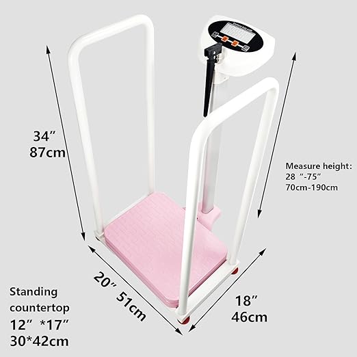 Armrest Electronic Medical Height and Weight Scale,20" L x 12" W x34 H, Up to 420lb Weight Capacity, 75” Height Measurement, LCD Display, USB Charging, Temperature Display (Lotus Root Pink)