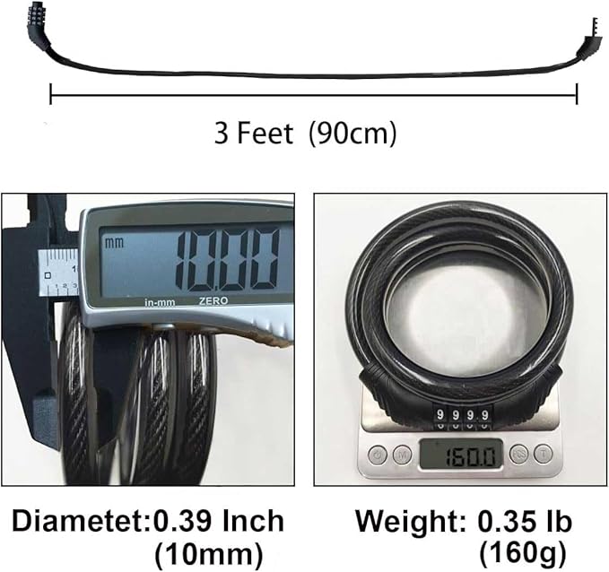 4 Digit 3 Feet Long Bike Lock Cable Combination, Resettable Anti Theft Bicycle Lock for Electric Scooter