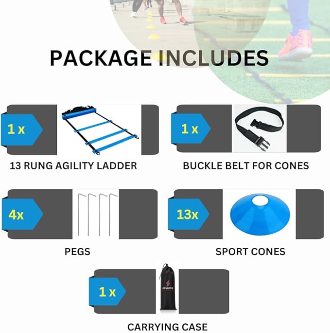 DELUXE EDITION Agility Ladder Training Set - 13 Rung 21ft Agility Ladder w/13 Disc Cones, Carry Bag - Improve Speed & Strength Soccer, Football, Basketball w/4 Steel Pegs for Outdoor Workout Charts