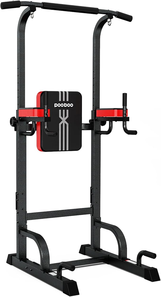 Pooboo Power Tower Dip Station Pull Up Bar for Fitness Home Gym Workout,Multi-Function Adjustable Height Fitness Strength Training Exercise Equipment,with Power Elastic Ropes