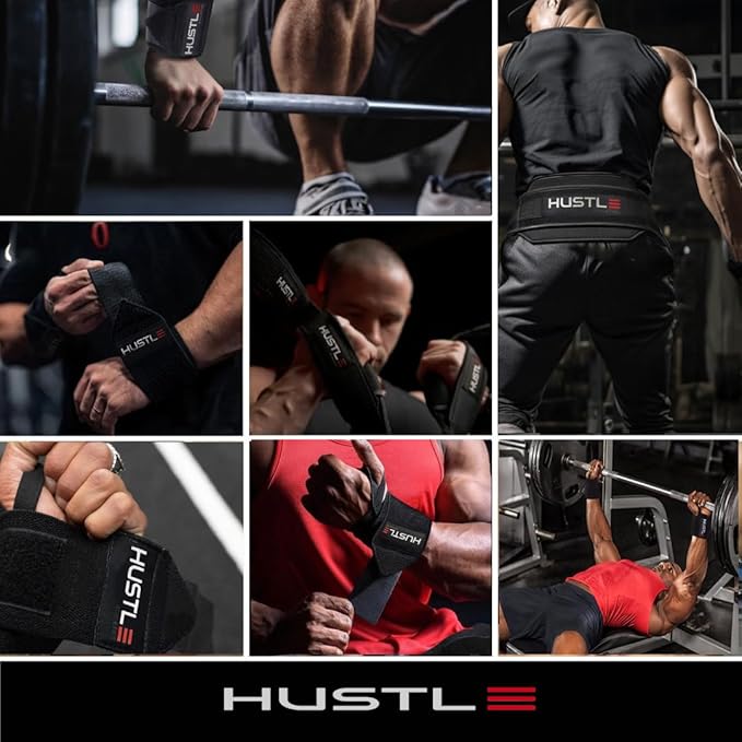 Hustle Athletics Wrist Wraps for Weightlifting, USPA-Approved Wrist Support Weight Lifting Wraps, Premium Hook-and-Loop, 12 in or 18 in Heavy-Duty Cotton-Elastic Support for Powerlifting & Bench Press