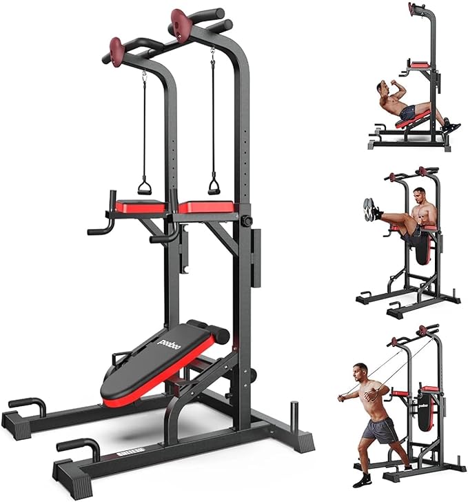 Pooboo Power Tower Dip Station Pull Up Bar for Fitness Home Gym Workout,Multi-Function Adjustable Height Fitness Strength Training Exercise Equipment,with Power Elastic Ropes