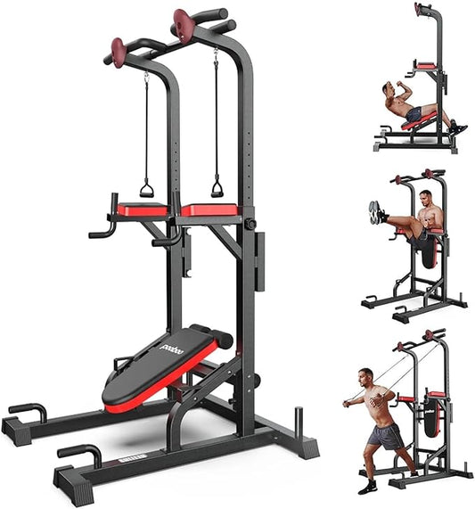 Pooboo Power Tower Dip Station Pull Up Bar for Fitness Home Gym Workout,Multi-Function Adjustable Height Fitness Strength Training Exercise Equipment,with Power Elastic Ropes