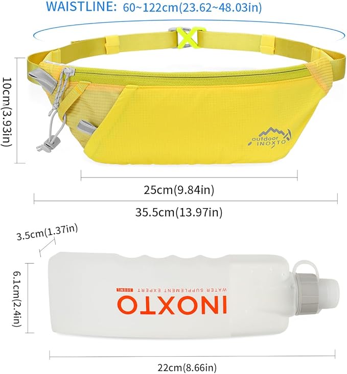 INOXTO Slim Running Belt Fanny Pack for Women and Men Sports Waist Bag Pack with 300ml Water Bottle for Running Walking Cycling Hiking Reflective Running Pouch Belt for All Phones (Yellow)