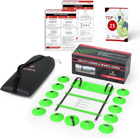 DELUXE EDITION Agility Ladder Training Set - 13 Rung 21ft Agility Ladder w/13 Disc Cones, Carry Bag - Improve Speed & Strength Soccer, Football, Basketball w/4 Steel Pegs for Outdoor Workout Charts