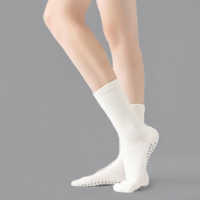 Yoga Pilates Socks with Grips for Women Non Slip Solid Colored Cushioned Crew Compression Socks for Barre Ballet Dance